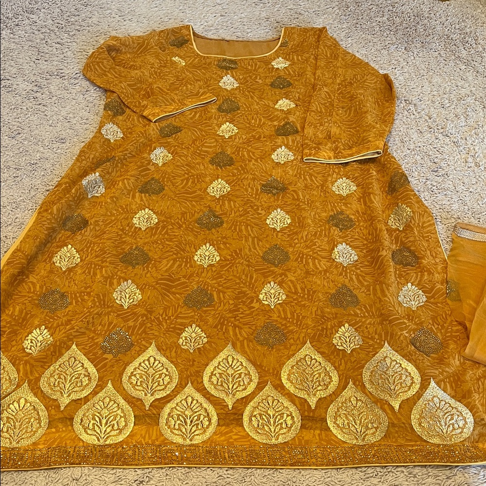 Salwar Kameez Mustard and Gold Embroidered Salwar